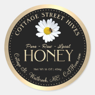 Sticker Rond Pure Raw Local Honey Daisy Bee Black Gold Bordure