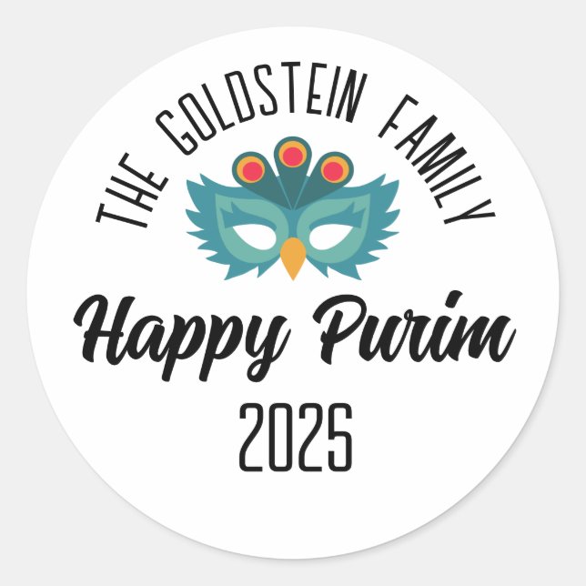 Sticker Rond Purim hibou masque mascarade costume Nom de famill (Devant)