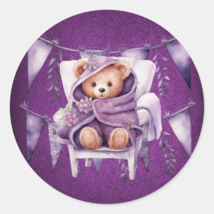 Sticker Rond Purple Adorable Teddy Bear Baby shower fille