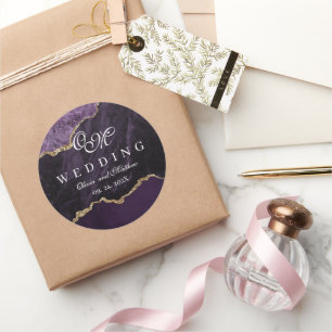 Sticker Rond Purple Agate & Gold Mariage Script Luxe
