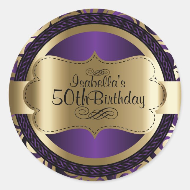 Sticker Rond Purple and Gold Swirl Abstrait 00e anniversaire (Devant)
