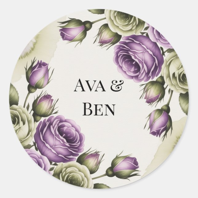 Sticker Rond Purple and Sage Green Roses Watercolor Wedding (Devant)
