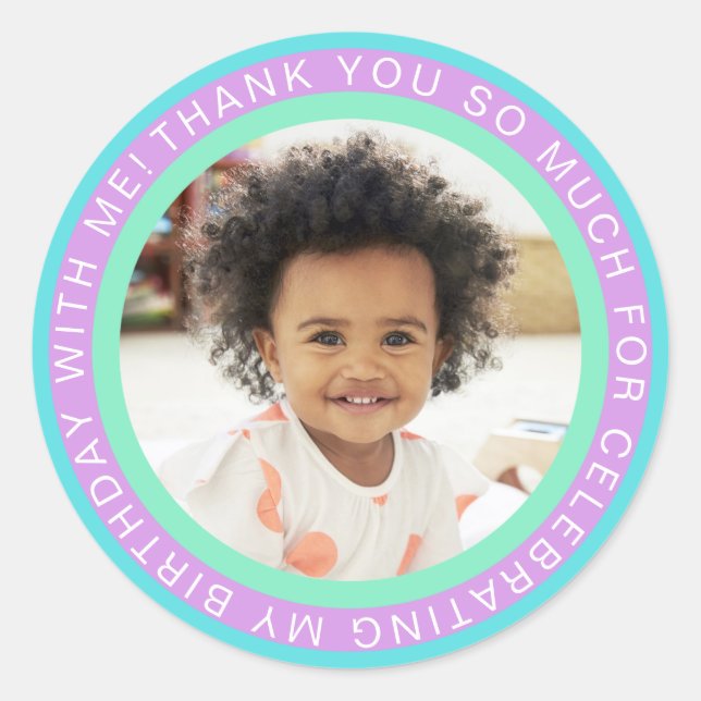 Sticker Rond Purple Aqua Enfants Photo Anniversaire Merci (Devant)