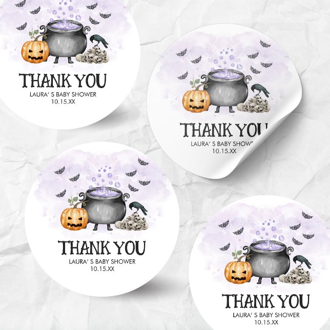Sticker Rond Purple Baby is Brewing Halloween Baby Shower (A Baby is Brewing Purple Halloween Baby Shower Round Sticker)