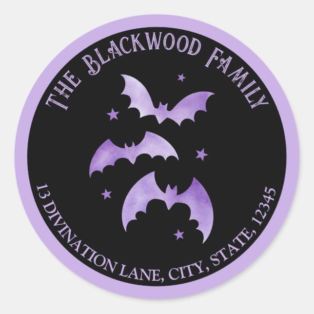 Sticker Rond Purple Bats Halloween Adresse de retour (Devant)