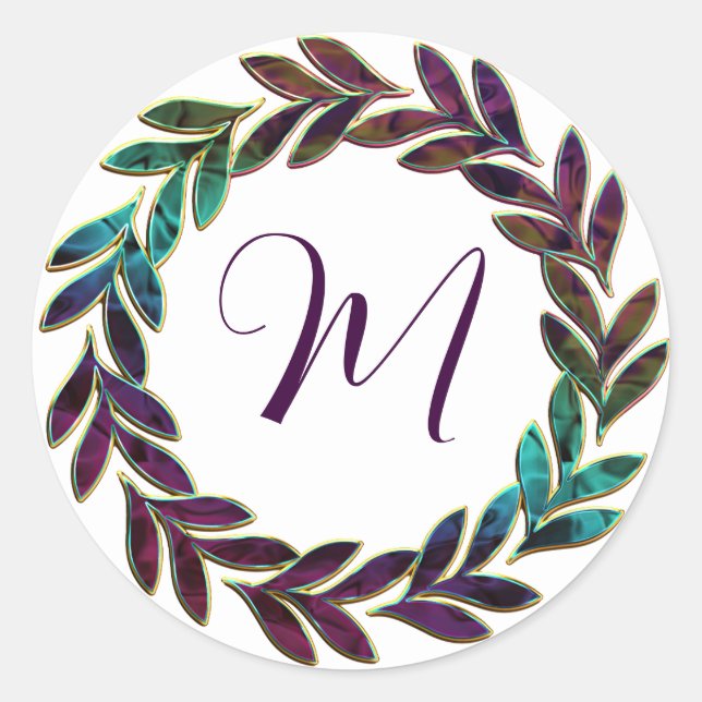 Sticker Rond Purple bleu vert Wreath Design Monogramme initial (Devant)