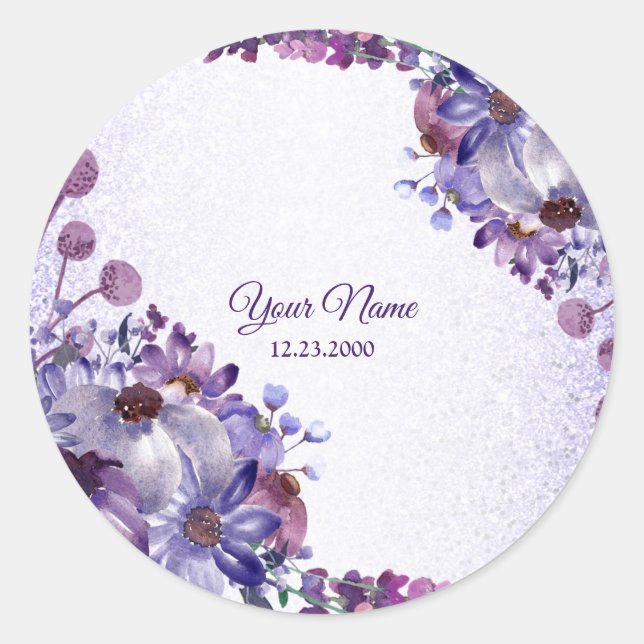 Sticker Rond Purple Blue Pink Floral Glitter Wedding Party (Devant)