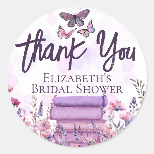Sticker Rond Purple Book Stand Fleur sauvage Butterflies Script (Devant)