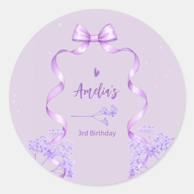 Sticker Rond Purple Bow Birthday Any Age (Devant)