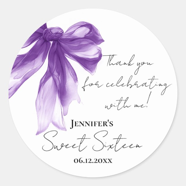 Sticker Rond Purple Bow Coquette Script Sweet 16 Remerciement  (Devant)