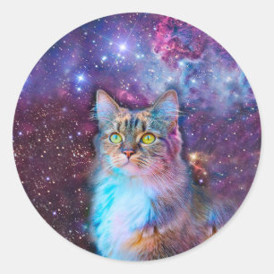 Sticker Rond Purple cat en espace