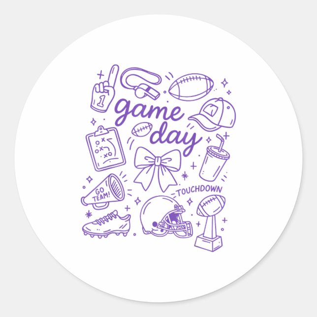 Sticker Rond Purple Coquette Bow Cheer Game Day Doodle Touchdow (Devant)