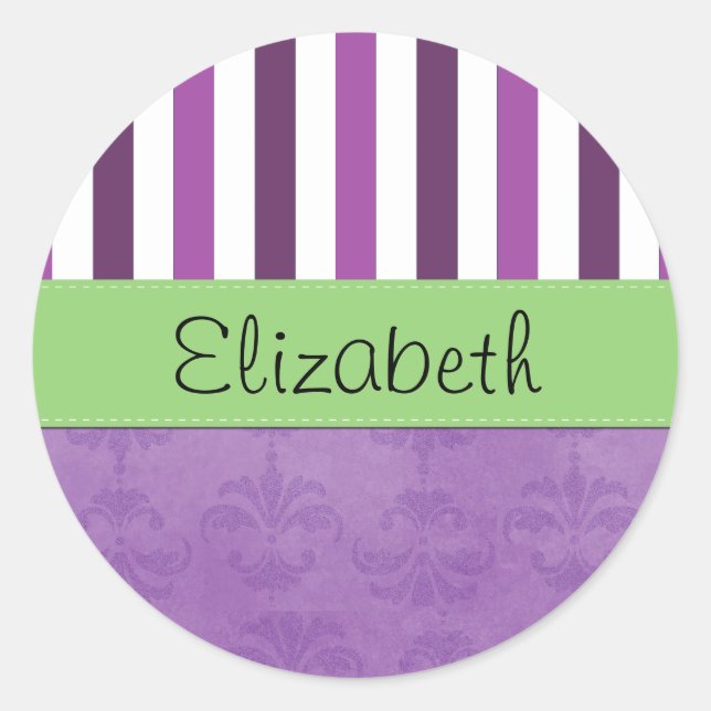 Sticker Rond Purple Damask, Purple Stripes, Stripe, Votre Nom (Devant)