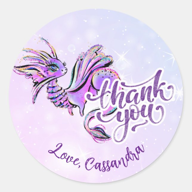 Sticker Rond Purple Dragon Magique Fille Anniversaire Merci (Devant)