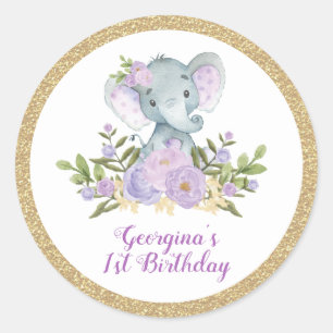 Sticker Rond Purple Elephant Lavande Or Merci Floral