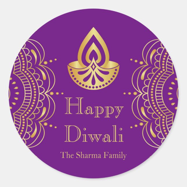 Sticker Rond Purple et Gold Diwali Party Favoriser (Devant)