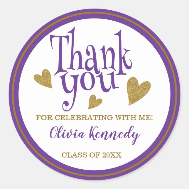 Sticker Rond Purple Et Gold Graduation Party Merci Favor (Devant)