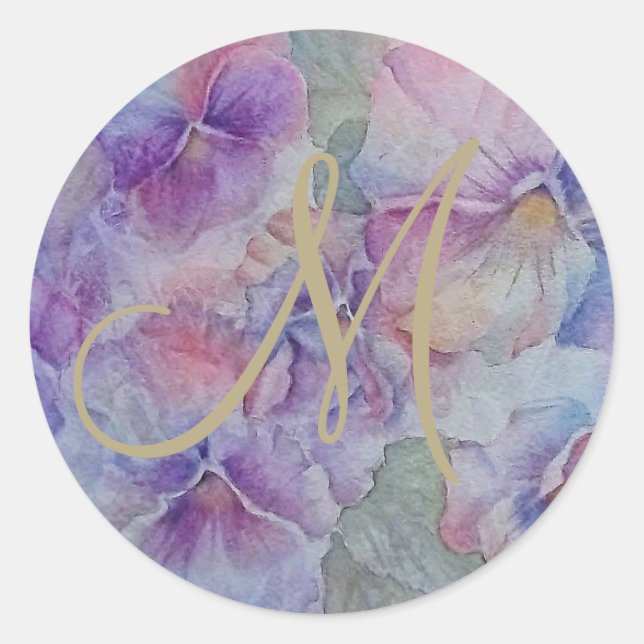 STICKER ROND PURPLE ET PINK PANSY PARTY FLORAL (Devant)