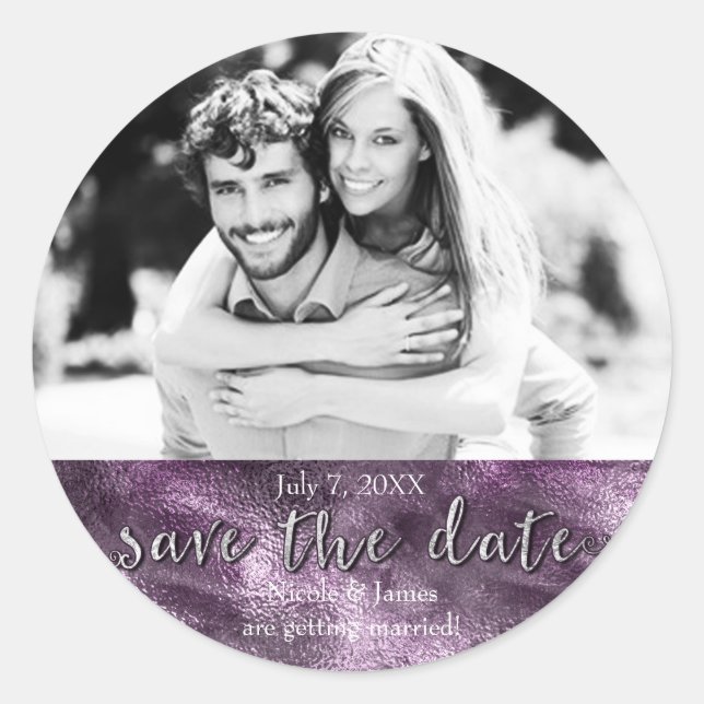 Sticker Rond Purple Faux Foil Glamour Chic Enregistrer La Date  (Devant)