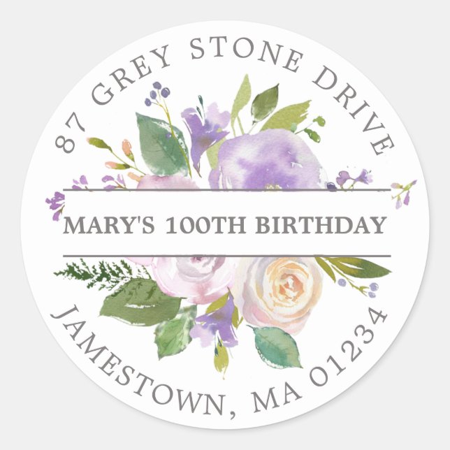 Sticker Rond Purple Floral 100e Anniversaire Adresse de retour  (Devant)