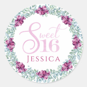 Sticker Rond Purple Floral Sweet 16