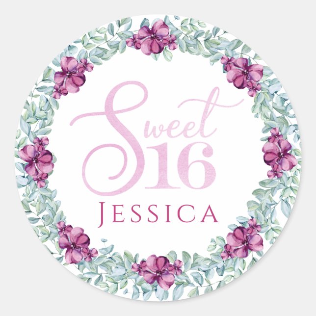 Sticker Rond Purple Floral Sweet 16 (Devant)