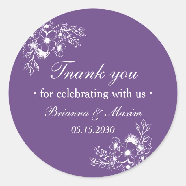 Sticker Rond Purple Floral Wedding Thank You (Devant)