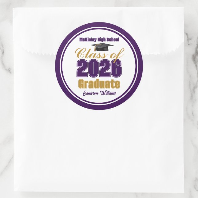 Sticker Rond Purple Gold Class of 2026 Graduation Party (Sac)