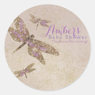 Sticker Rond Purple & Gold Dragonflies Fête de libellules Favor
