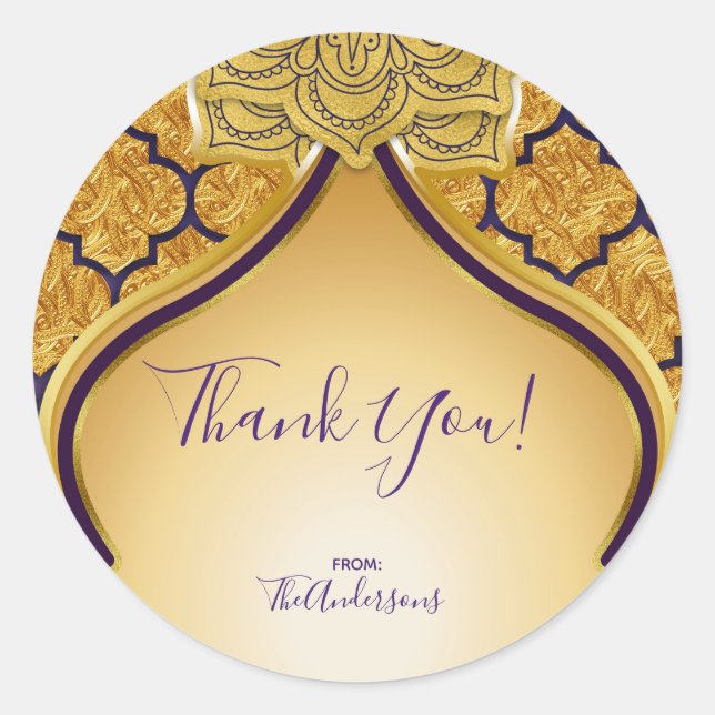 Sticker Rond Purple & Gold Parti Marocain Indien Arabe Favorise (Devant)