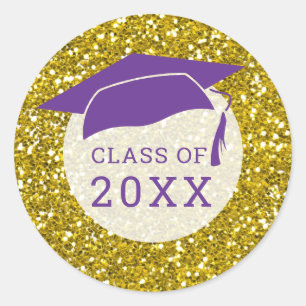 Sticker Rond Purple Gold Parties scintillant Graduation Casquet