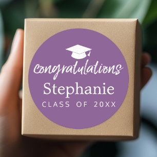 Sticker Rond Purple Graduation Cap félicitations script moderne