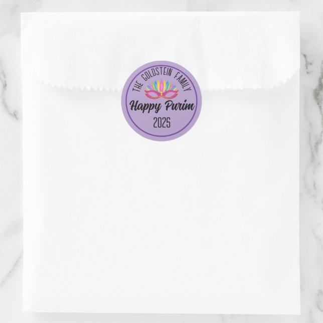 Sticker Rond Purple Happy Purim Nom de famille (Sac)