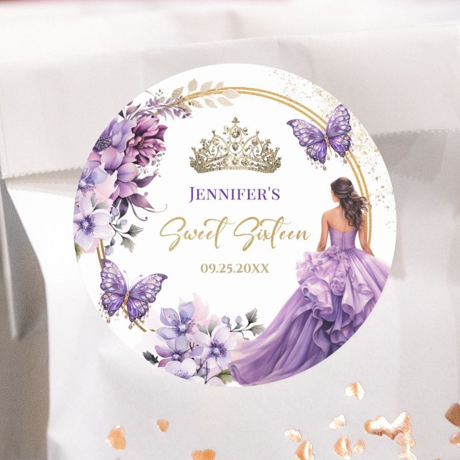 Sticker Rond Purple Lilac Girl Princess Tiara Floral Sweet 16 (Créateur téléchargé)