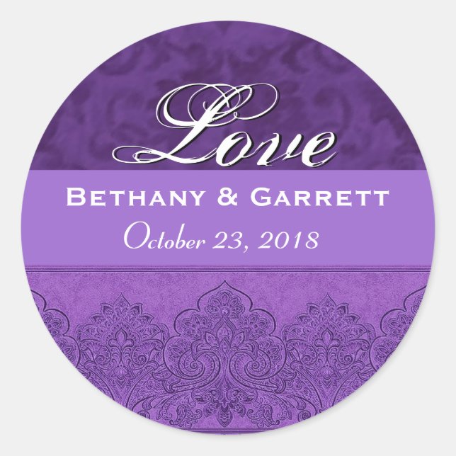 Sticker Rond Purple Love Bride et Groom Date F202 (Devant)