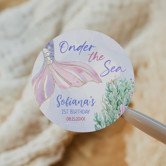 Sticker Rond Purple Mermaid 1st Birthday Oneder the Sea (Créateur téléchargé)