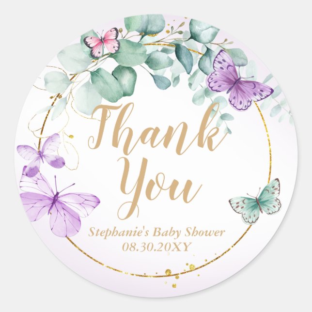 Sticker Rond Purple Papillon Eucalyptus Baby shower Favoriser (Devant)
