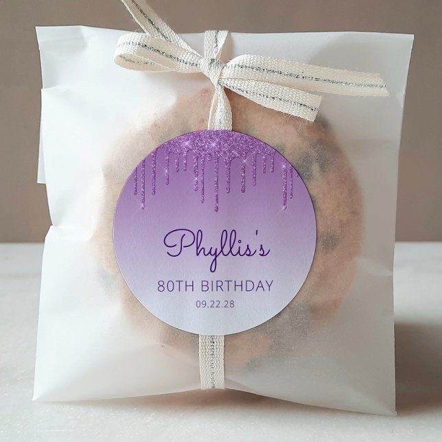 Sticker Rond Purple Parties scintillant Drip 80e anniversaire (Créateur téléchargé)