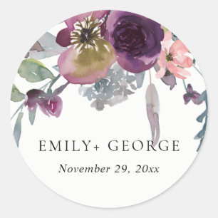 STICKER ROND PURPLE PEACH PURPLE LILAC WATERCOLOR MARIAGE FLORA