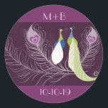 Sticker Rond Purple Peacocks paire Anniversaire Mariage personn<br><div class="desc">Peacocks,  inséparables,  plumes paon,  violet citron vert turquoise-bleu blanc stickers mariage ou anniversaire Customisés personnalisés.</div>