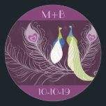 Sticker Rond Purple Peacocks paire Anniversaire Mariage personn<br><div class="desc">Peacocks,  inséparables,  plumes paon,  violet citron vert turquoise-bleu blanc stickers mariage ou anniversaire Customisés personnalisés.</div>
