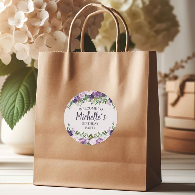 Sticker Rond Purple Peonies Floral Femmes's Birthday Bienvenue (Purple peonies birthday party gift bag sticker)