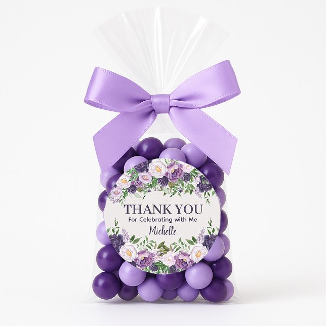 Sticker Rond Purple Peonies Floral Women's Birthday Thank You (Purple peonies birthday party "Thank you" favor bag sticker)