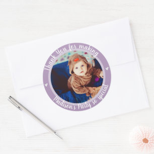 Sticker Rond Purple Photo Kids Premier Joyeux Merci d'anniversa