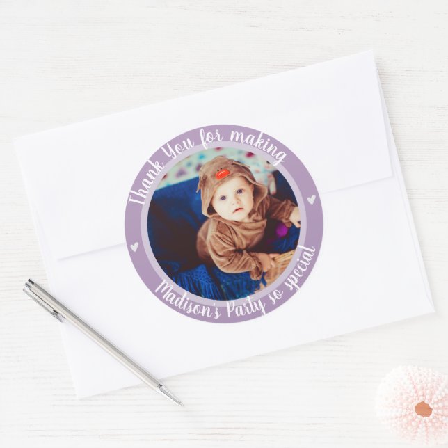 Sticker Rond Purple Photo Kids Premier Joyeux Merci d'anniversa (Enveloppe)
