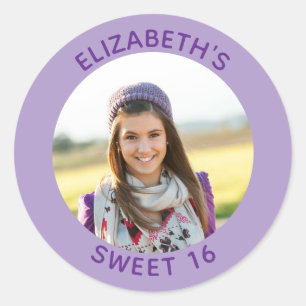 Sticker Rond Purple Photo Sweet 16 Anniversaire Favor