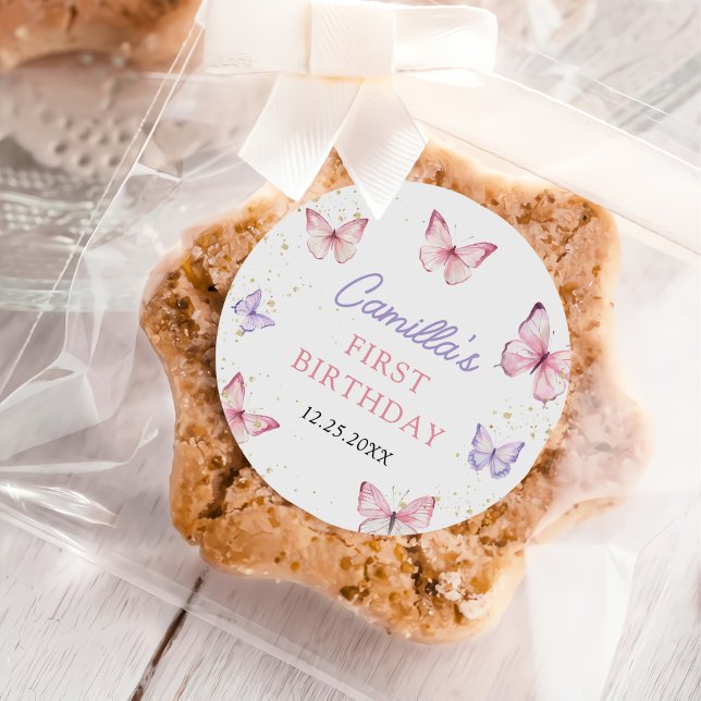 Sticker Rond Purple Pink Bow Butterfly Girl Birthday Party (Créateur téléchargé)