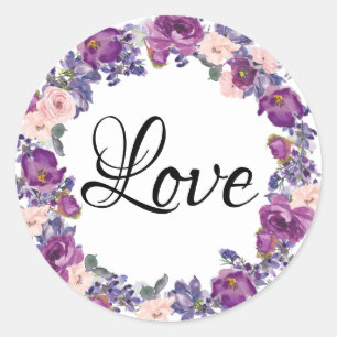 Sticker Rond Purple, Plum et rose pâle Fleur rose Love