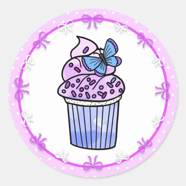 Sticker Rond Purple Polka Dot Cupcake and Butterfly Birthday (Devant)