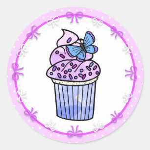 Sticker Rond Purple Polka Dot Cupcake and Butterfly Birthday